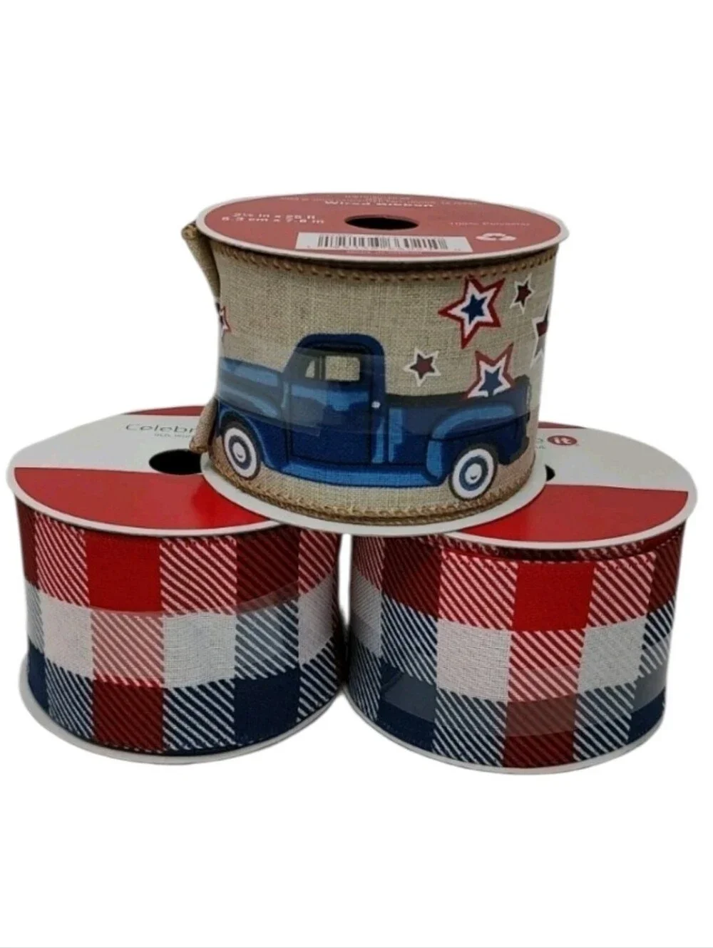 NEW 3 Wired Ribbon Bundle Celebrate It Plaid Farm Truck Stars Red White and Blue